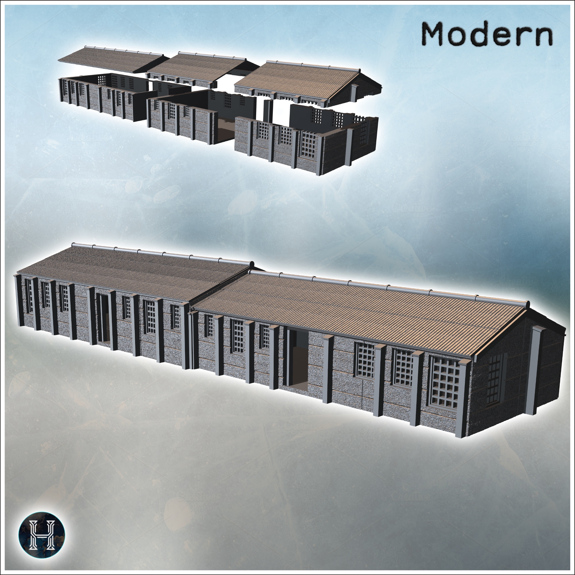 Long warehouse with corrugated roof and multiple windows along the side (3) - Modern WW2 WW1 World War Diaroma Wargaming RPG Mini Hobby